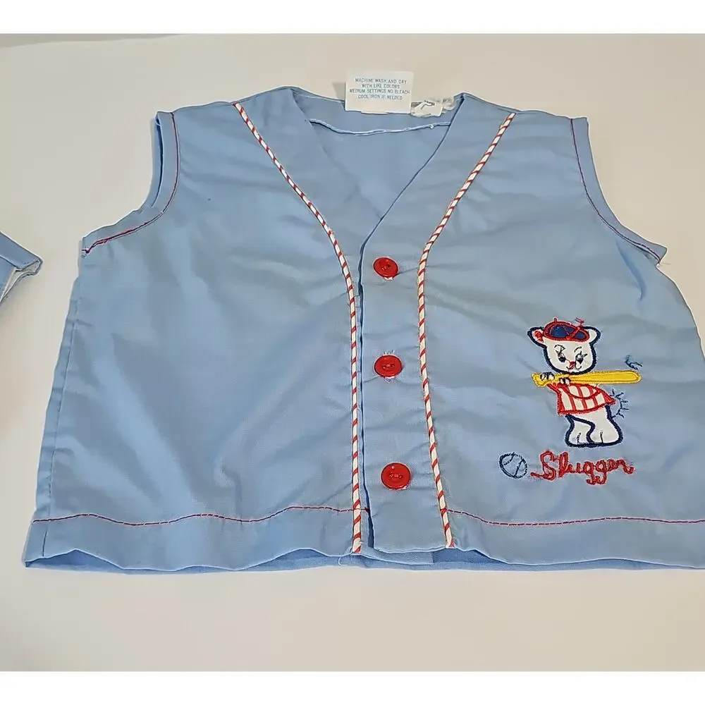 Vintage Baby Matching Set Shirt Diaper Cover Embroidered Baseball Slugger